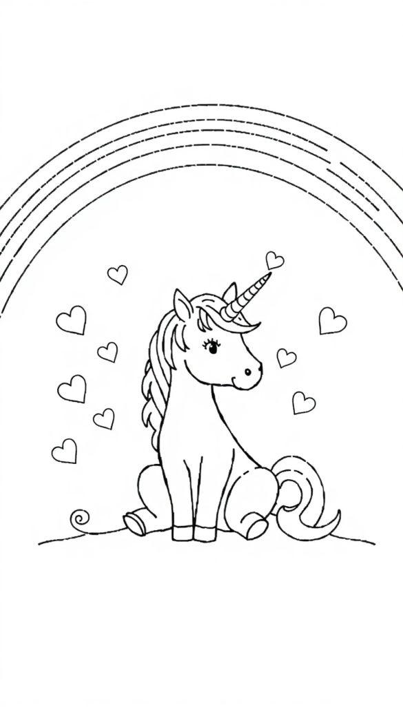Kleurplaat van een schattige eenhoorn met een hoorn, sierlijke manen, hartjes en een regenboog op de achtergrond.