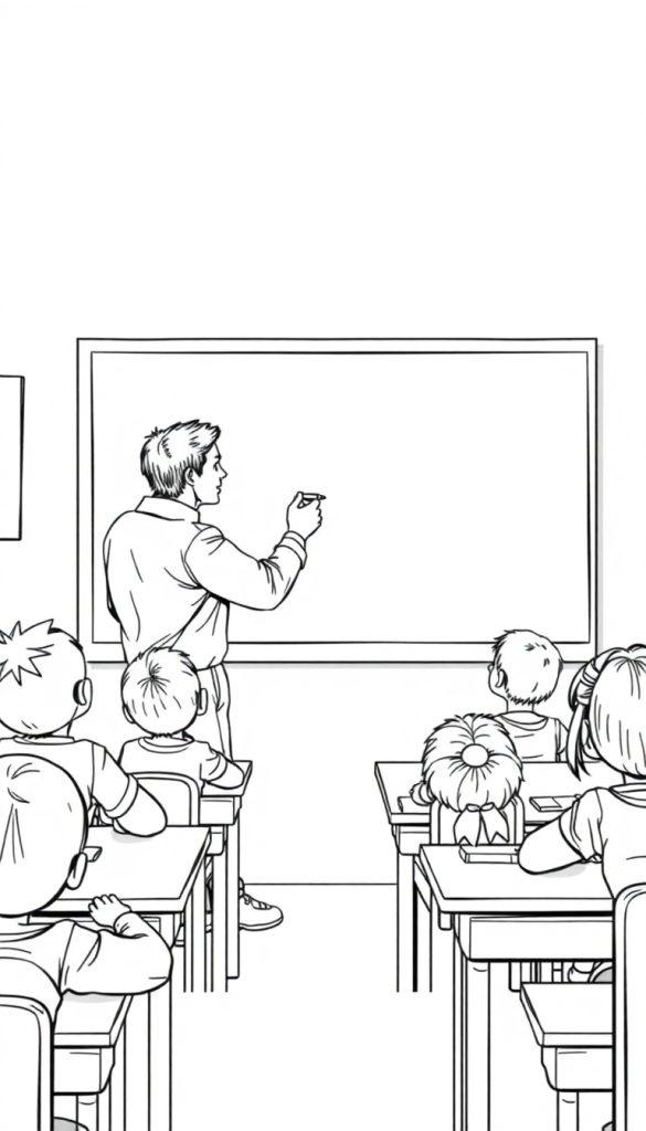 Kleurplaat van een jonge meester in een klaslokaal, met kindjes zittend aan banken en een whiteboard op de achtergrond.
