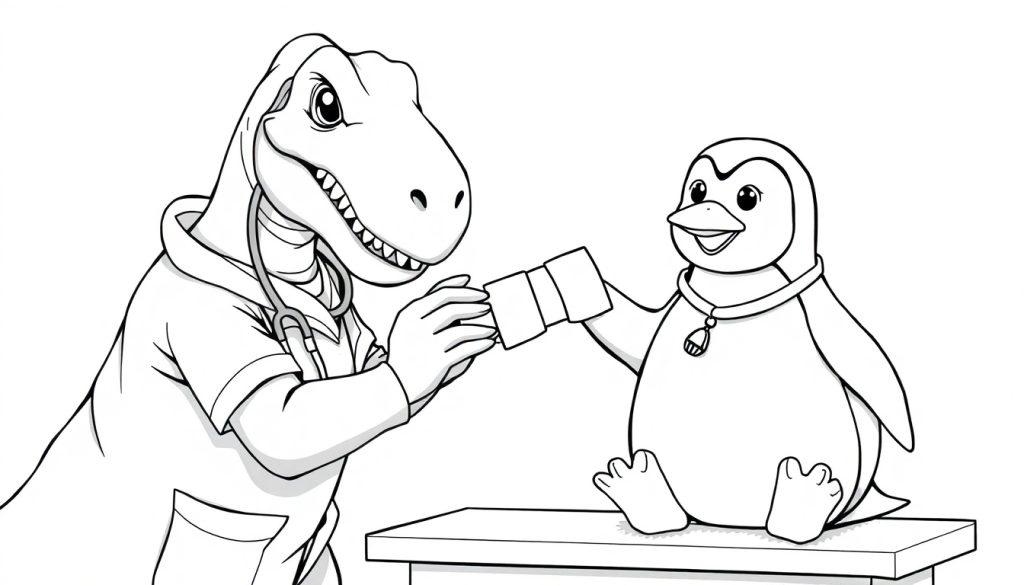 Kleurplaat van een dokter dinosaurus die met een stethoscoop een gewonde pinguïn helpt door een verband aan zijn vleugel te doen.