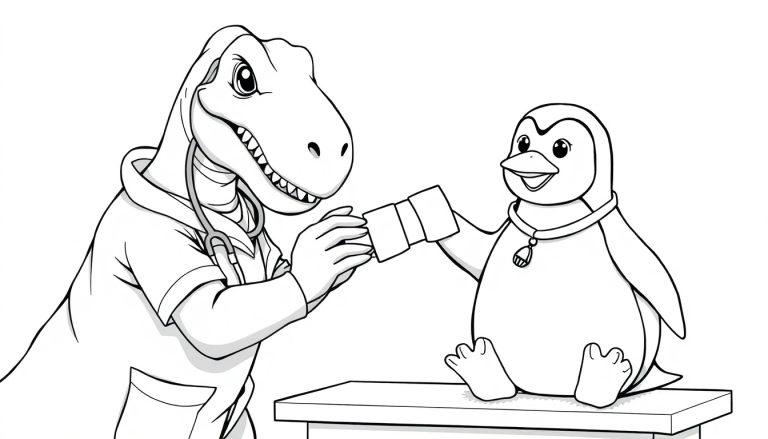 Kleurplaat van een dokter dinosaurus die met een stethoscoop een gewonde pinguïn helpt door een verband aan zijn vleugel te doen.