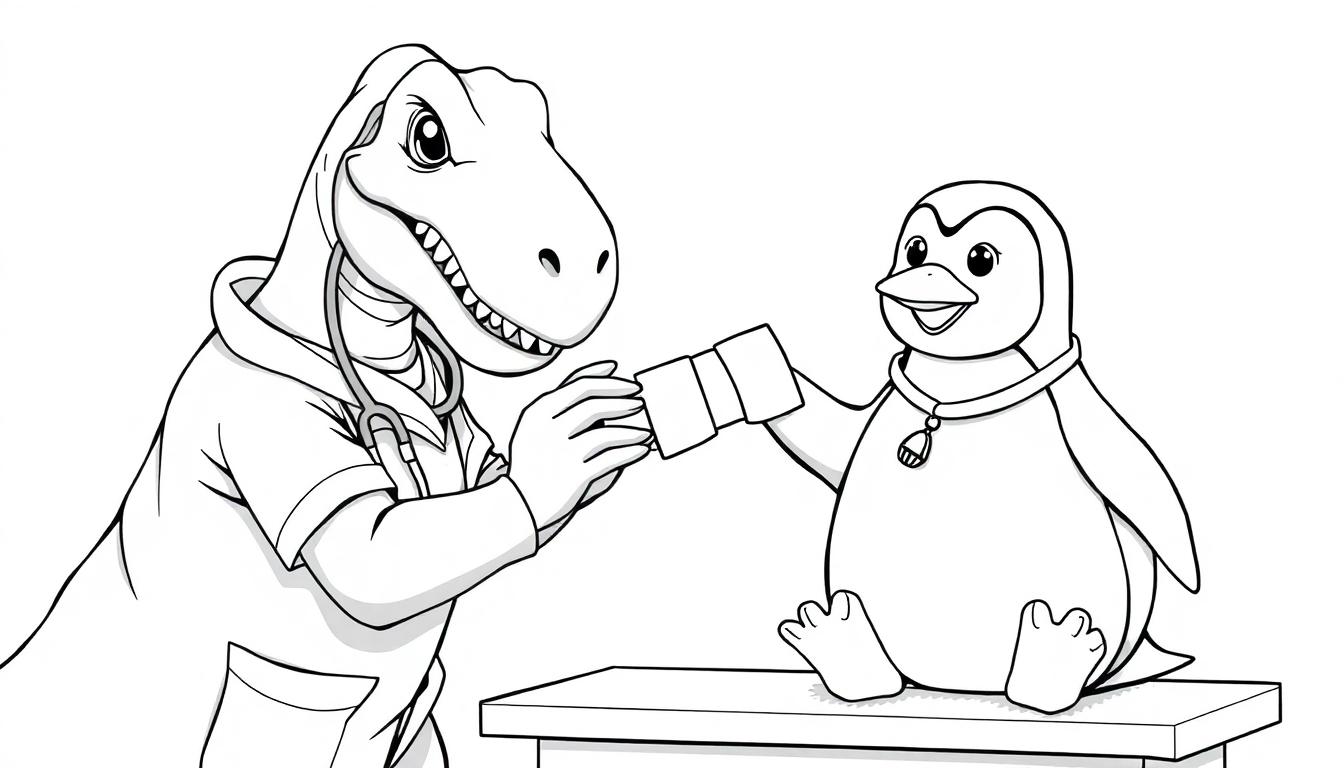 Kleurplaat van een dokter dinosaurus die met een stethoscoop een gewonde pinguïn helpt door een verband aan zijn vleugel te doen.
