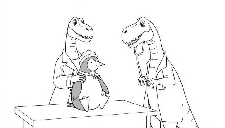 Een kleurplaat van een dinosaurus als dokter die een zieke pinguïn onderzoekt met een stethoscoop.