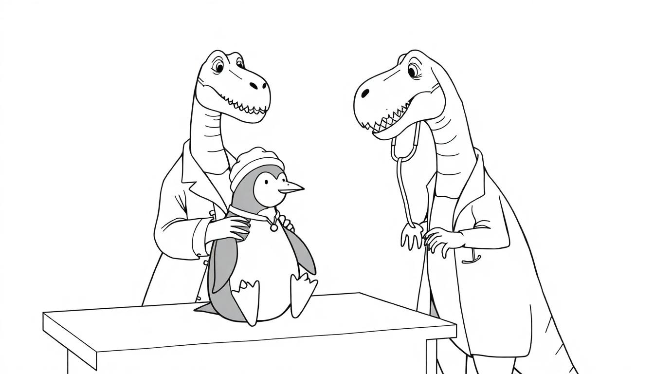 Een kleurplaat van een dinosaurus als dokter die een zieke pinguïn onderzoekt met een stethoscoop.