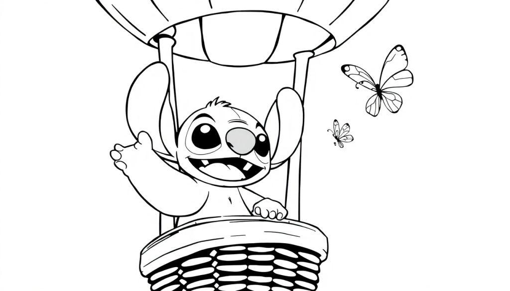 Een kleurplaat van Stitch met grote oren en een brede glimlach in een luchtballonmand. Hij zwaait vrolijk terwijl vlinders rond de ballon vliegen.