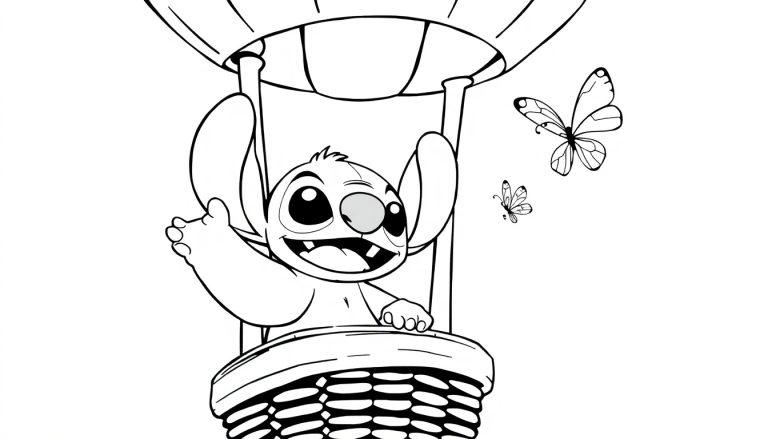 Een kleurplaat van Stitch met grote oren en een brede glimlach in een luchtballonmand. Hij zwaait vrolijk terwijl vlinders rond de ballon vliegen.