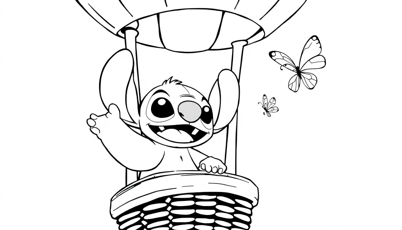 Een kleurplaat van Stitch met grote oren en een brede glimlach in een luchtballonmand. Hij zwaait vrolijk terwijl vlinders rond de ballon vliegen.