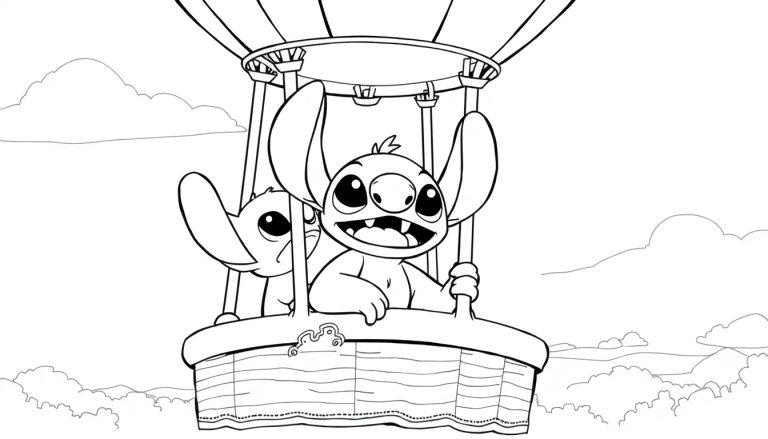 Kleurplaat van Stitch in een luchtballonmand met een vriendje, omringd door wolken.