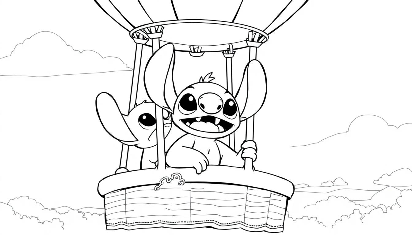 Kleurplaat van Stitch in een luchtballonmand met een vriendje, omringd door wolken.