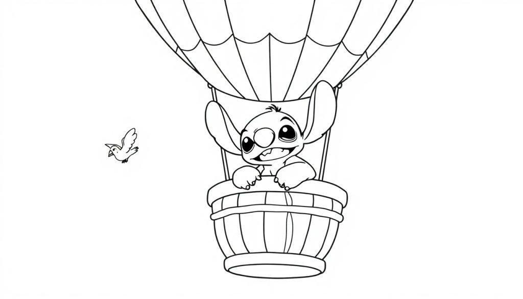 Stitch als schattige tekening in een luchtballon met een vogel ernaast, perfect als kleurplaat.