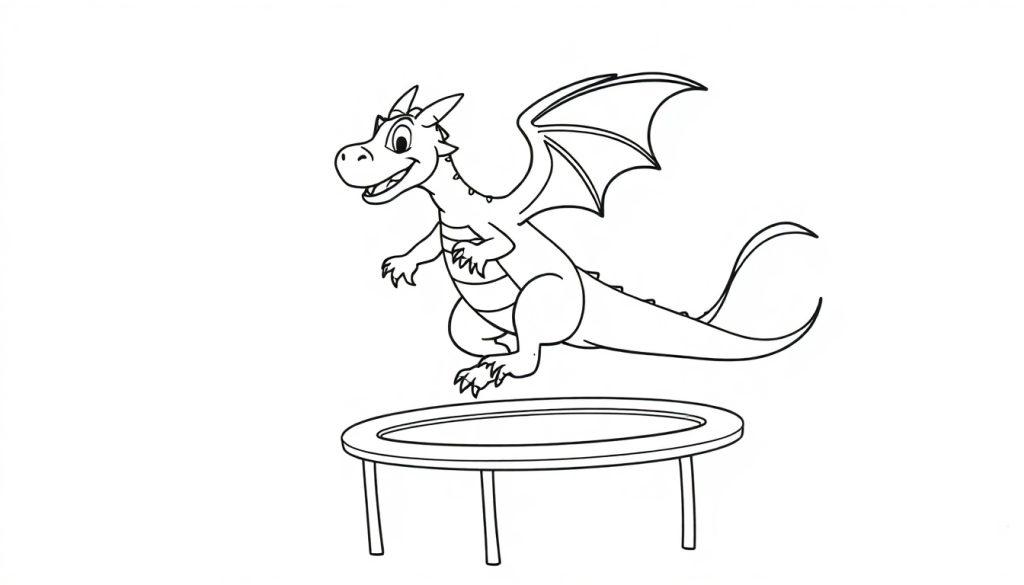 Een vrolijke draak met grote vleugels die op een trampoline springt. Een leuke zwart-wit tekening als kleurplaat.