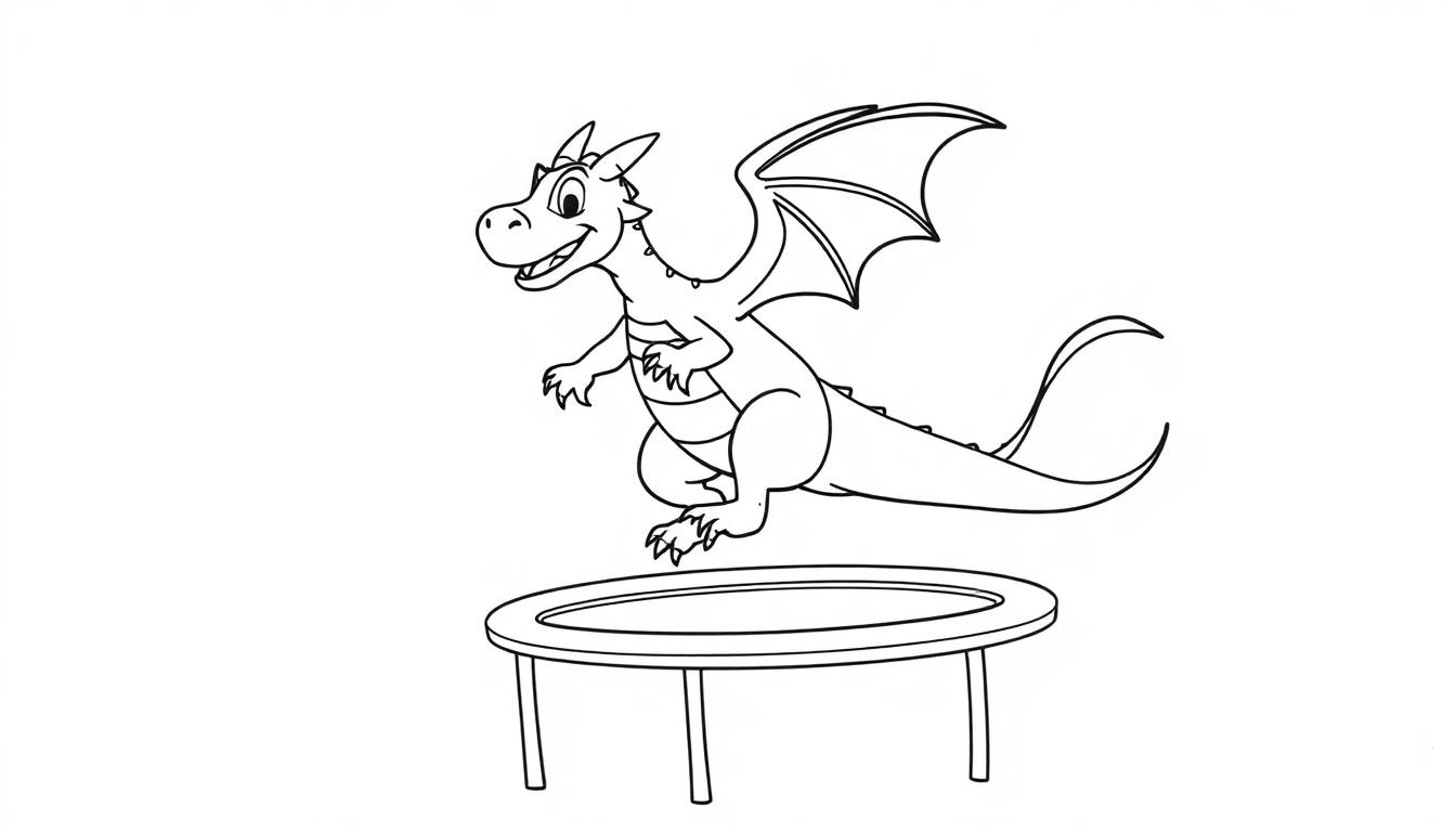 Een vrolijke draak met grote vleugels die op een trampoline springt. Een leuke zwart-wit tekening als kleurplaat.