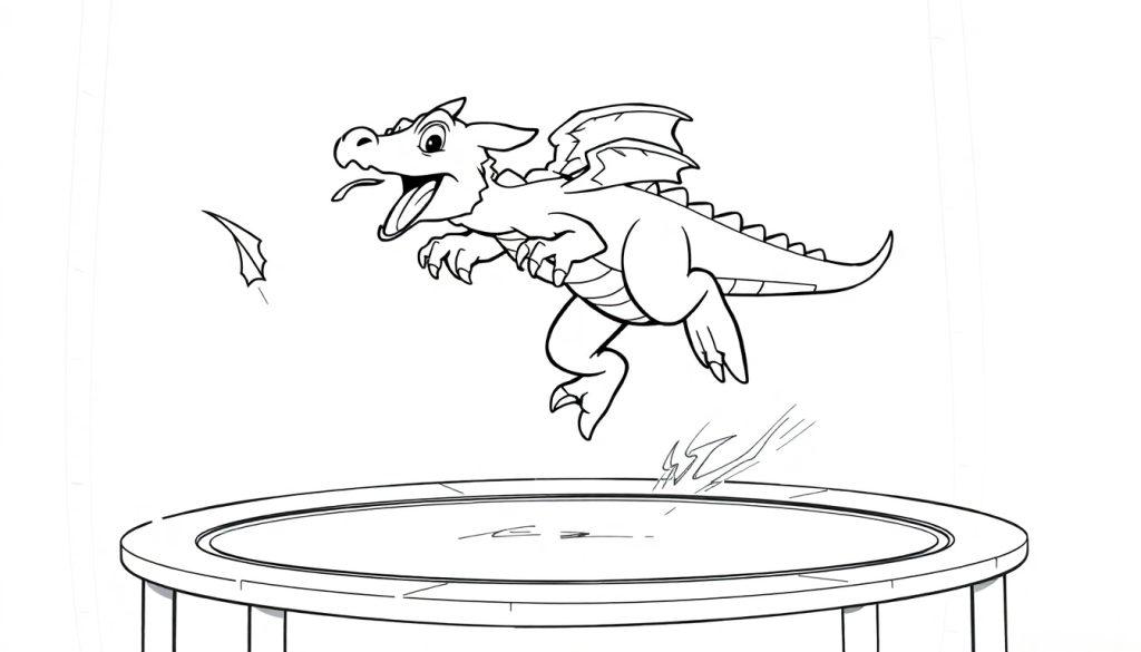 Cartoonkleurplaat van een vrolijke draak die omhoog springt vanaf een trampoline.