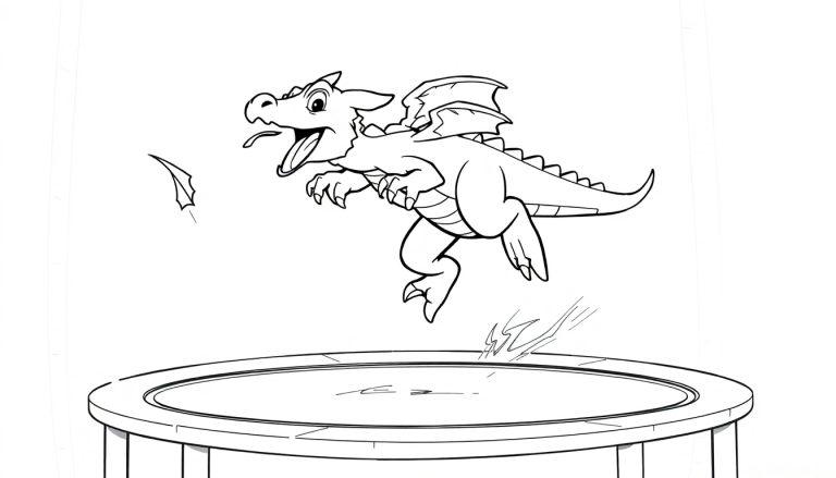 Cartoonkleurplaat van een vrolijke draak die omhoog springt vanaf een trampoline.