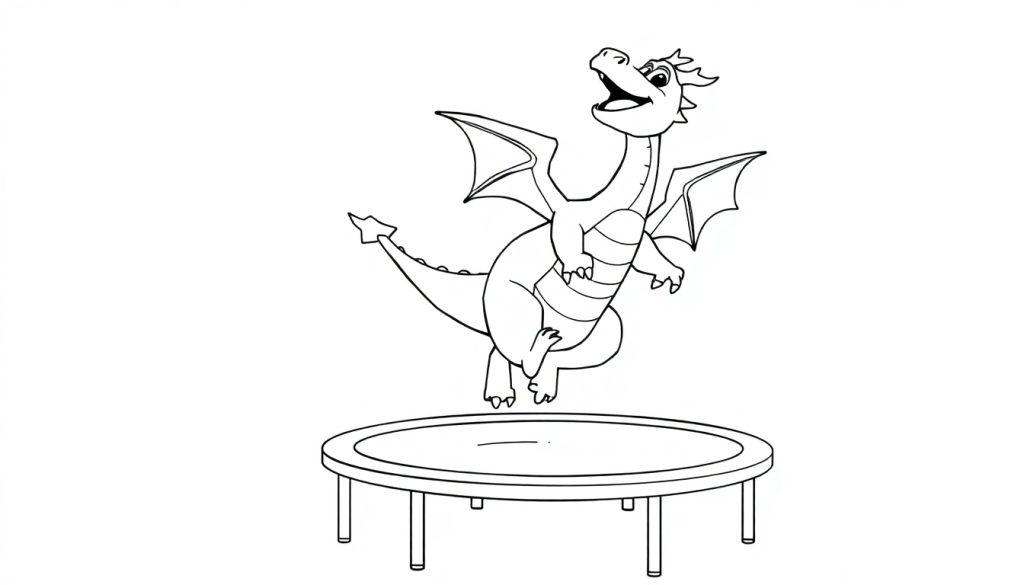 Zwart-wit kleurplaat van een vrolijke draak met vleugels die op een trampoline springt.