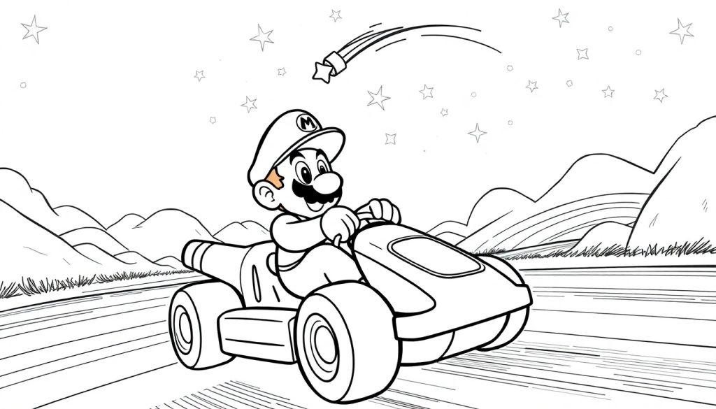 Kleurplaat van Mario in zijn kart op de Rainbow Road, omringd door sterren en een vrolijk landschap.