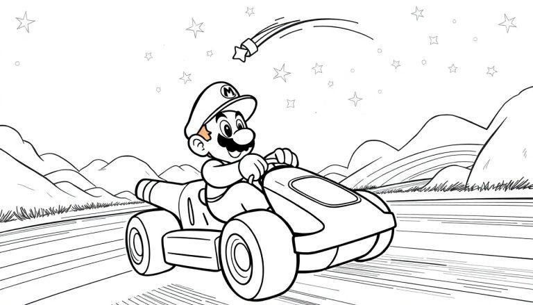 Kleurplaat van Mario in zijn kart op de Rainbow Road, omringd door sterren en een vrolijk landschap.