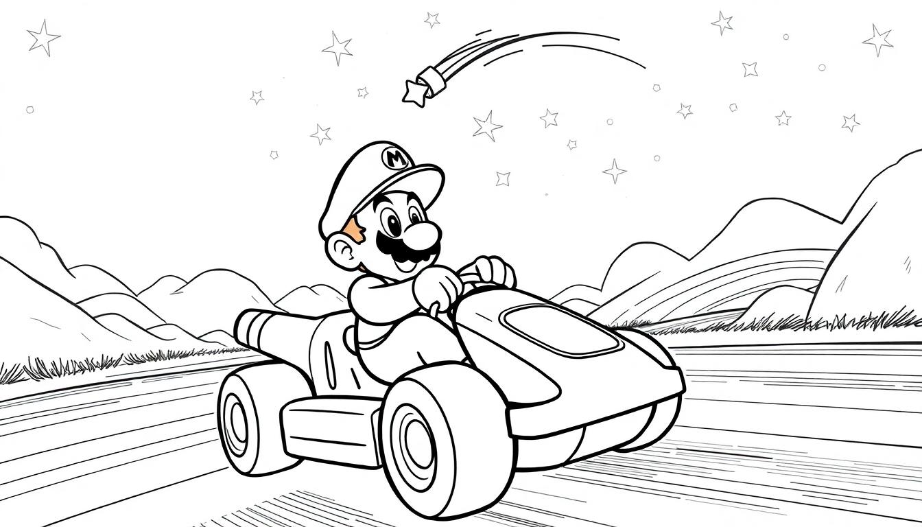 Kleurplaat van Mario in zijn kart op de Rainbow Road, omringd door sterren en een vrolijk landschap.