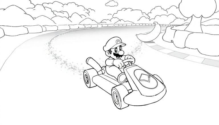 Een zwart-wit-kleurplaat van Mario in een kart op de Rainbow Road, met een grote banaan als obstakel en een vrolijke achtergrond.