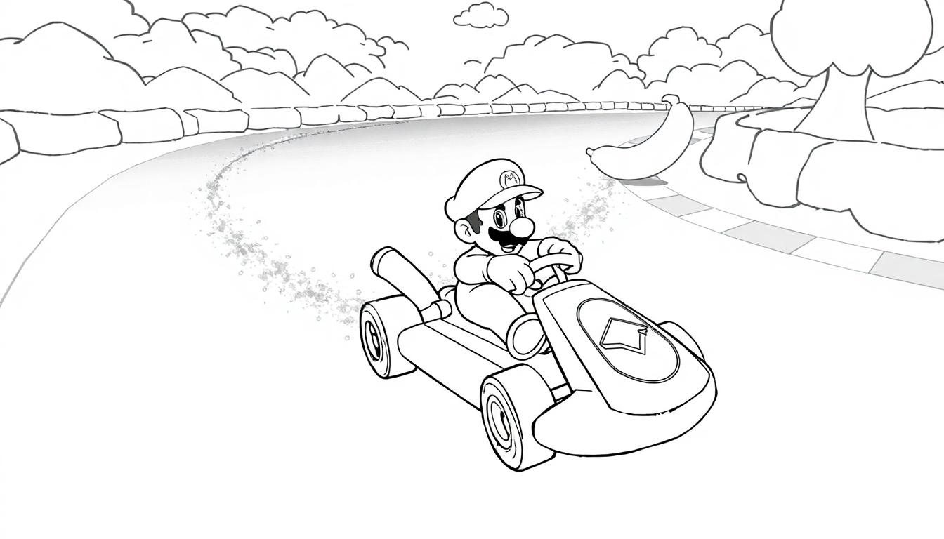 Een zwart-wit-kleurplaat van Mario in een kart op de Rainbow Road, met een grote banaan als obstakel en een vrolijke achtergrond.