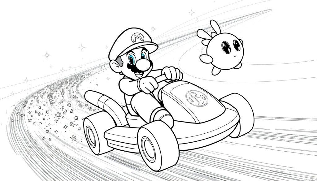 De kleurplaat toont Mario in een kart op de Rainbow Road, met vrolijke lijnen, sterretjes en een schattig vliegend wezentje erbij.