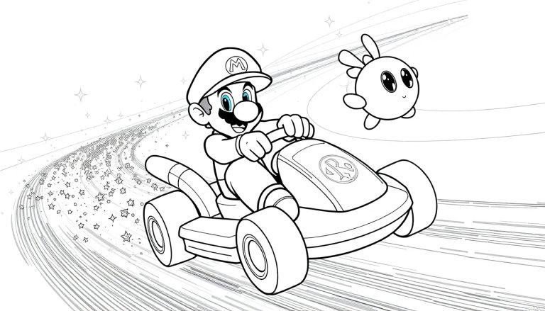 De kleurplaat toont Mario in een kart op de Rainbow Road, met vrolijke lijnen, sterretjes en een schattig vliegend wezentje erbij.