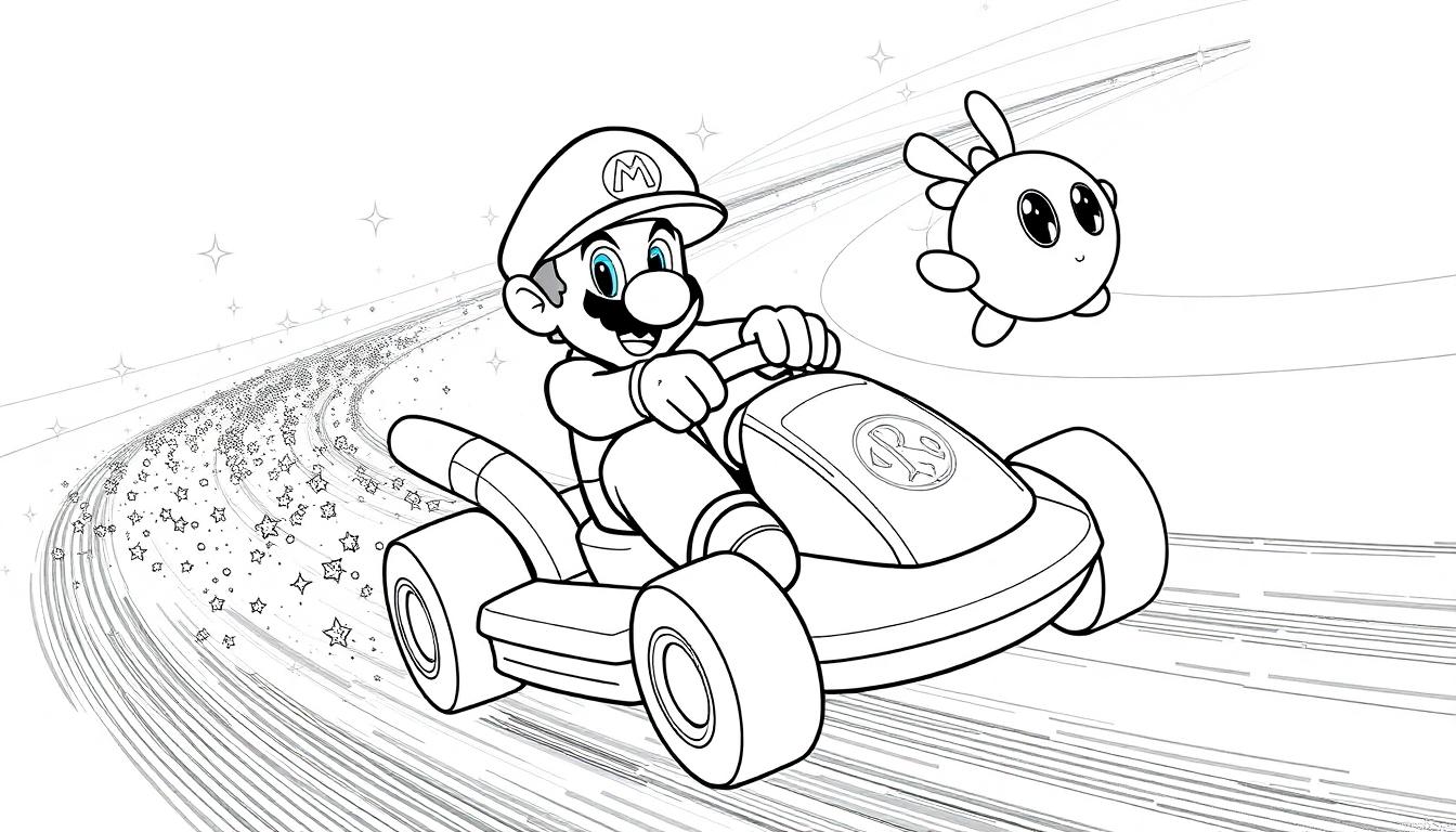 De kleurplaat toont Mario in een kart op de Rainbow Road, met vrolijke lijnen, sterretjes en een schattig vliegend wezentje erbij.