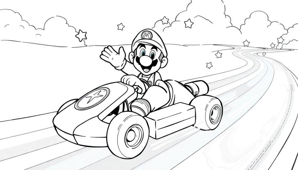 Kleurplaat van Mario in een kart op de Rainbow Road, met een ster op zijn kart en een vrolijke uitdrukking.