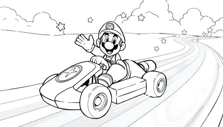 Kleurplaat van Mario in een kart op de Rainbow Road, met een ster op zijn kart en een vrolijke uitdrukking.