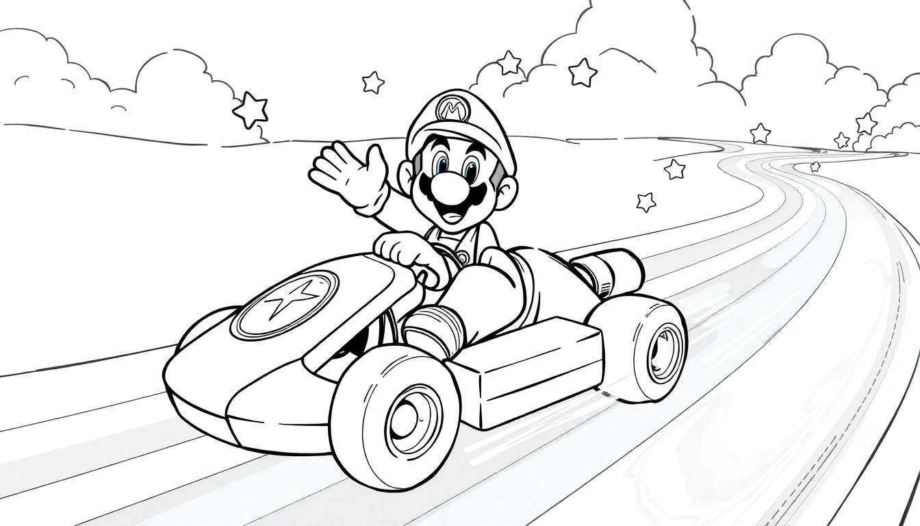 Kleurplaat van Mario in een kart op de Rainbow Road, met een ster op zijn kart en een vrolijke uitdrukking.