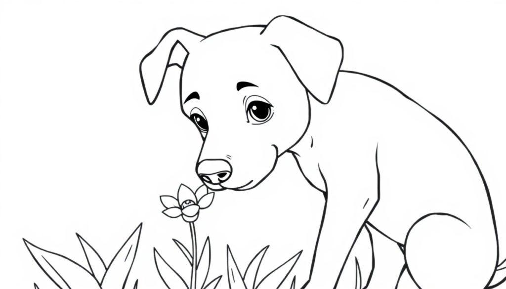 Kleurplaat van een vriendelijke jonge hond die nieuwsgierig naar een bloem in het gras kijkt.