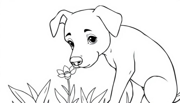 Kleurplaat van een vriendelijke jonge hond die nieuwsgierig naar een bloem in het gras kijkt.