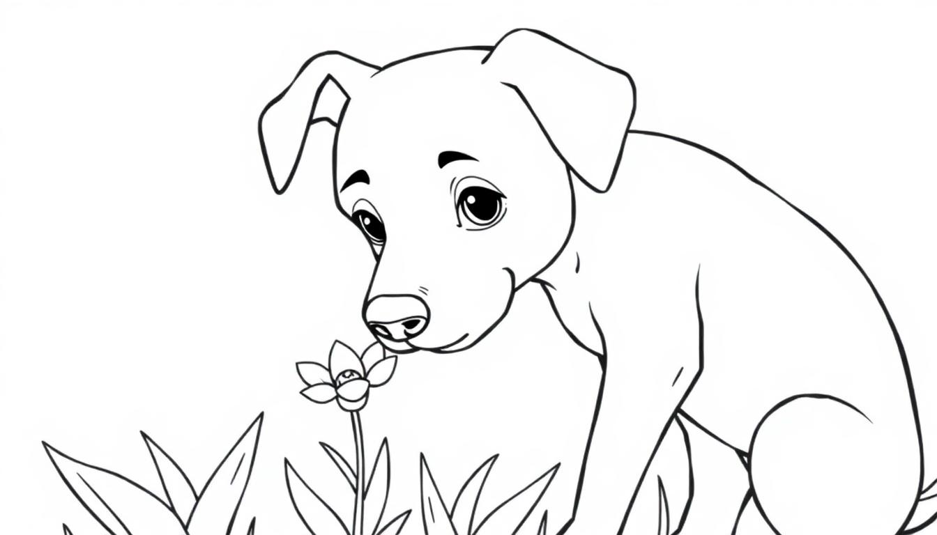 Kleurplaat van een vriendelijke jonge hond die nieuwsgierig naar een bloem in het gras kijkt.