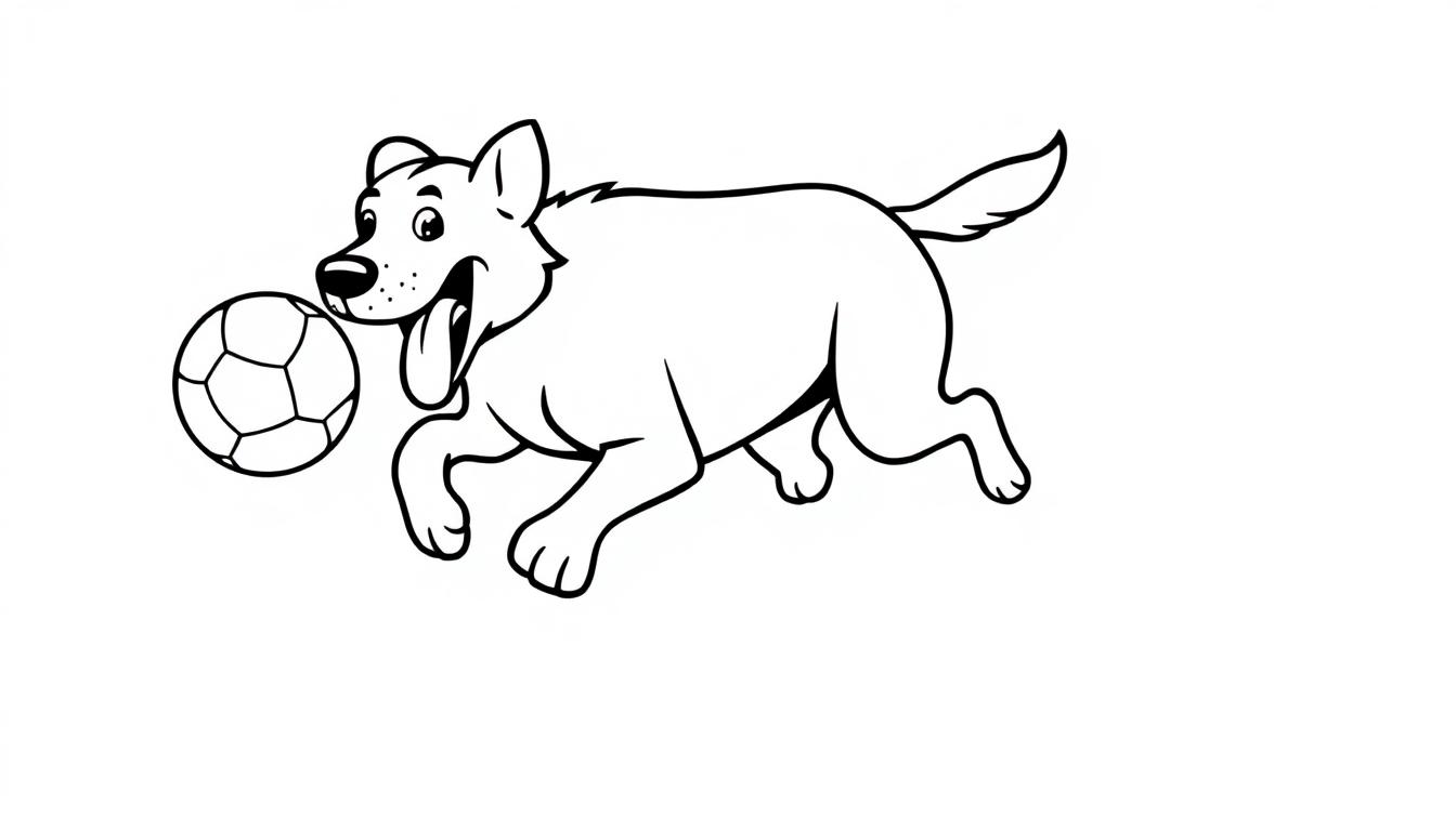 Kleurplaat van een vrolijke hond die achter een bal aanrent, met zijn tong uit zijn bek en zijn oren omhoog.