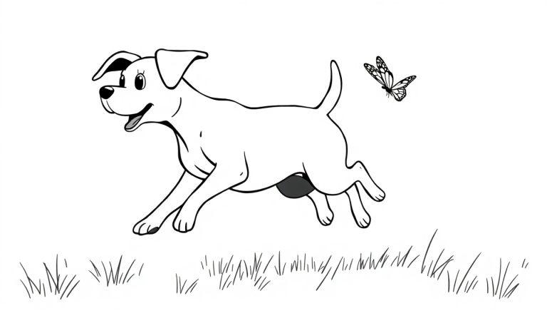 Kleurplaat van een vrolijke hond die over gras rent met een vlinder ernaast.