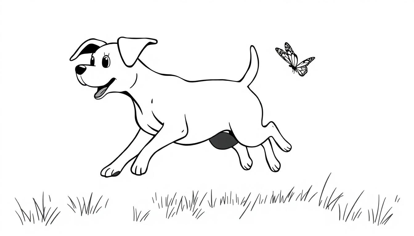 Kleurplaat van een vrolijke hond die over gras rent met een vlinder ernaast.