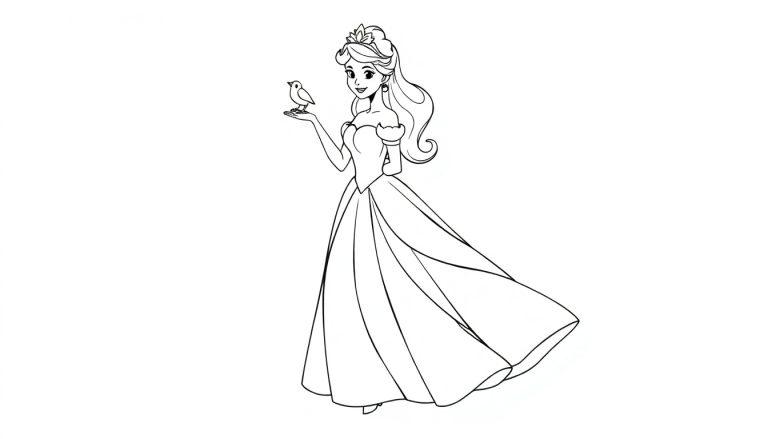 Kleurplaat van een prinses met een kroon, in een prachtige jurk, die een klein vogeltje vasthoudt.