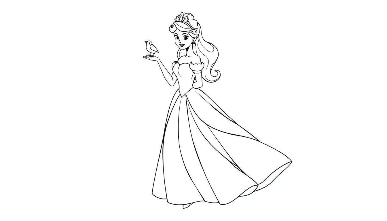 Kleurplaat van een prinses met een kroon, in een prachtige jurk, die een klein vogeltje vasthoudt.