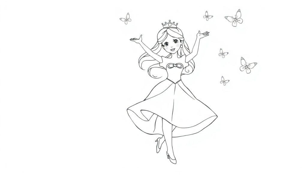 Een zwart-wit kleurplaat van een prinses met kroontje, zwierende jurk, vliegende vlinders en een vrolijke uitstraling.