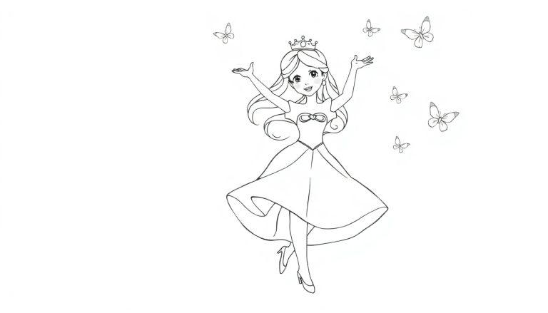 Een zwart-wit kleurplaat van een prinses met kroontje, zwierende jurk, vliegende vlinders en een vrolijke uitstraling.