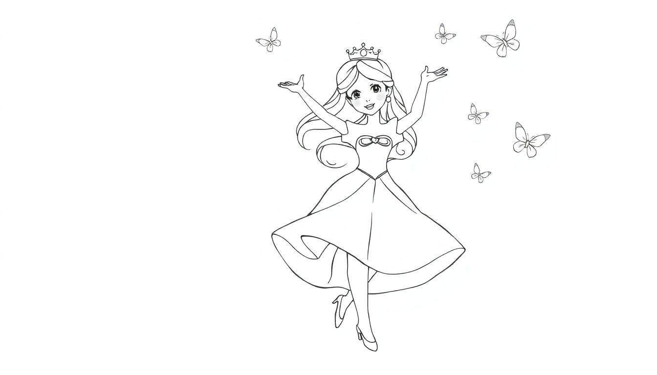 Een zwart-wit kleurplaat van een prinses met kroontje, zwierende jurk, vliegende vlinders en een vrolijke uitstraling.