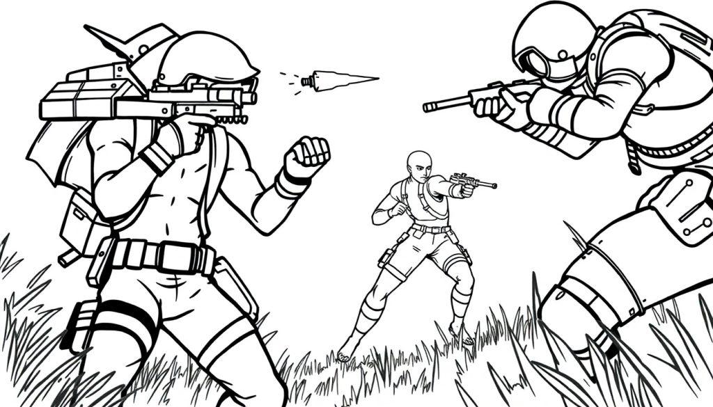 Fortnite kleurplaat: Drie futuristische personages in een spannend gevecht op een grasveld.