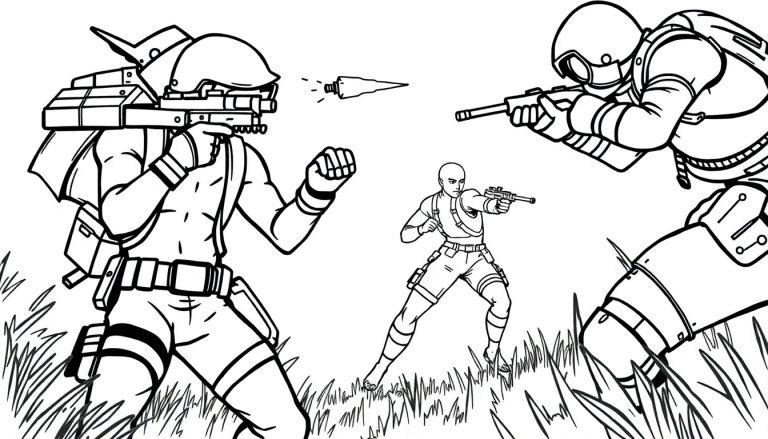 Fortnite kleurplaat: Drie futuristische personages in een spannend gevecht op een grasveld.