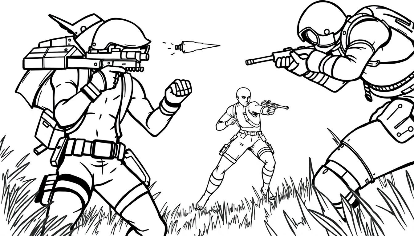 Fortnite kleurplaat: Drie futuristische personages in een spannend gevecht op een grasveld.