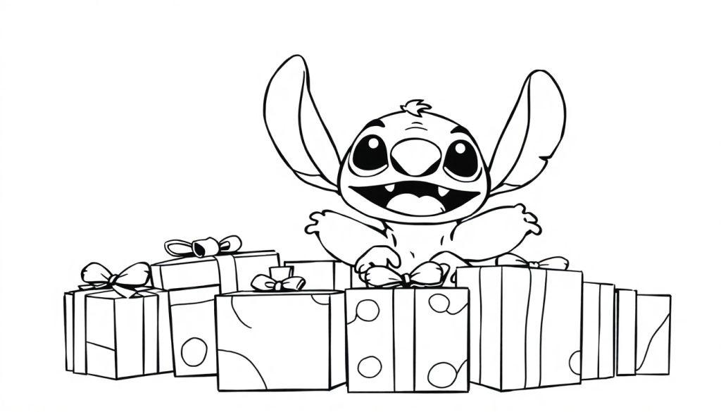 Een schattige tekening van een figuur met grote oren, een brede glimlach en veel cadeautjes, geschikt als kleurplaat.