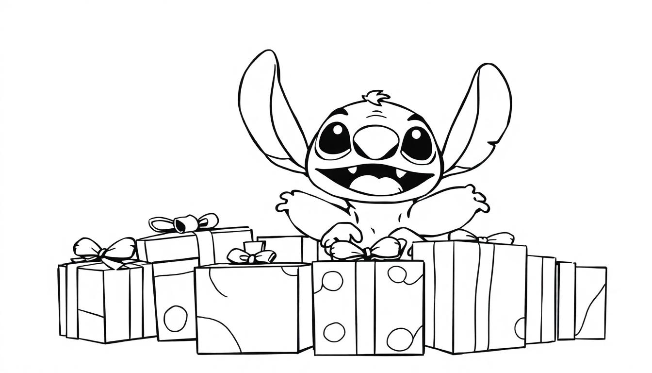 Een schattige tekening van een figuur met grote oren, een brede glimlach en veel cadeautjes, geschikt als kleurplaat.