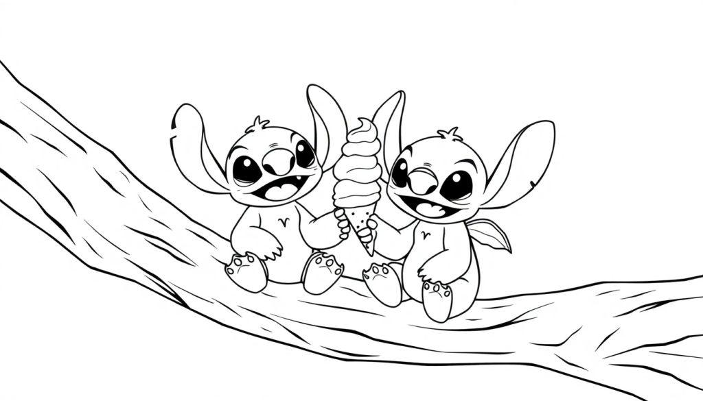 Kleurplaat van een schattige zwart-wit tekening met Stitch en Angel die samen op een tak zitten en een ijsje delen.