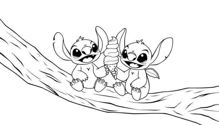 Kleurplaat van een schattige zwart-wit tekening met Stitch en Angel die samen op een tak zitten en een ijsje delen.