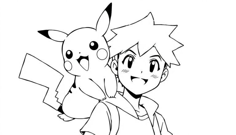 Kleurplaat van Ash en Pikachu: een blije jongen met stijl haar en grote ogen met zijn vrolijke Pikachu op de schouder.