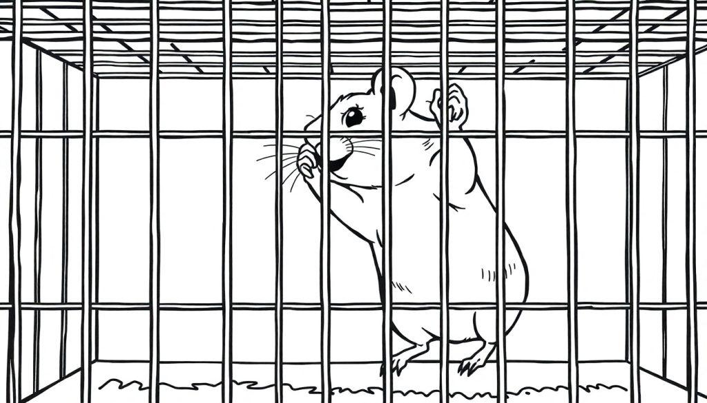 Een schattige lijntekening van een hamster in een kooi, perfect als kleurplaat.
