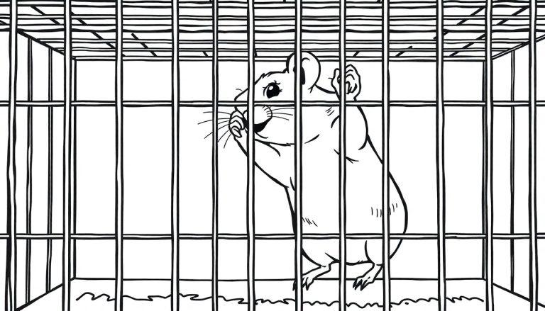 Een schattige lijntekening van een hamster in een kooi, perfect als kleurplaat.